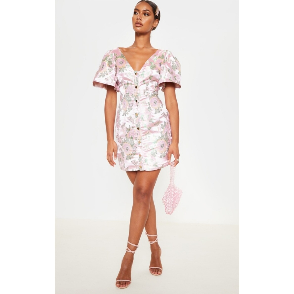 PLT Pink Jacquard Puff Sleeve Button Down Bodycon Dress